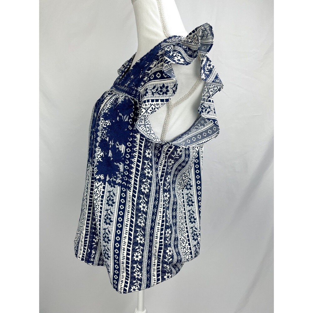 Savanna Jane Blouse Women Small Blue Crochet Top Boho Floral Embroidered - Picture 4 of 6